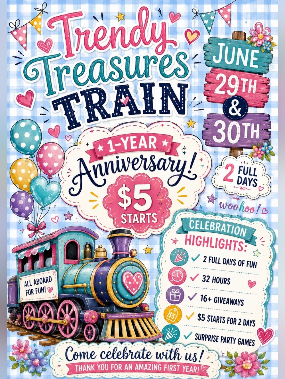 6/29 & 6/30 Birthday Celebration - Trendy Treasures Train